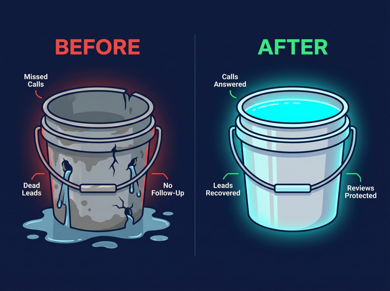 Before and after comparison showing a leaky bucket with missed calls, dead leads, and no follow-up becoming a full sealed bucket with calls answered, leads recovered, and reviews protected